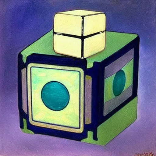 Prompt: beautiful art nouveau painting of companion - cube!!!!!!!!!!!!!!!!! companion - cube!!!!!!!!!!!!!!!!!