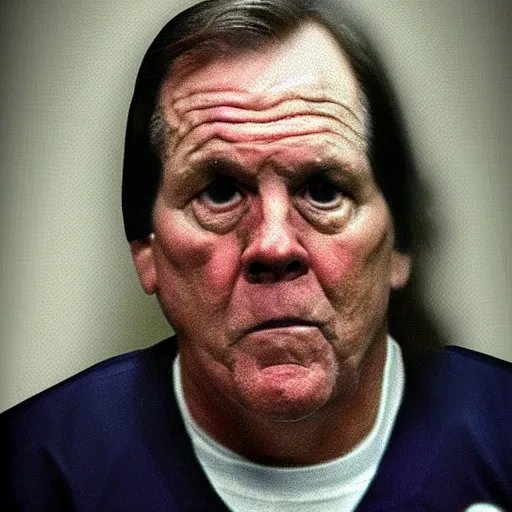 Prompt: grainy photo of coach belichick as a creepy monster in a closet, harsh flash