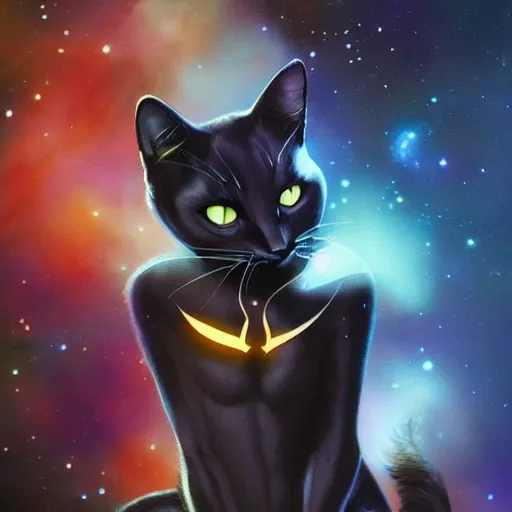 Image similar to black cat, cosmic background, artstation, matte painting