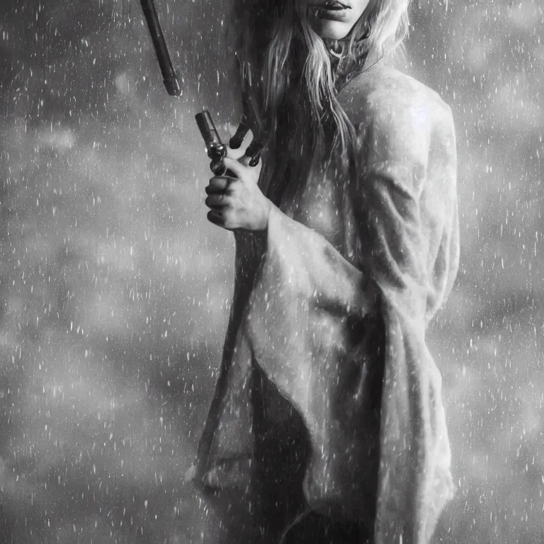 Image similar to cute model annie leonhart holding a lightsaber, beautiful face, detailed face, realistic eyes, pale skin, rule of thirds, cinematic lighting, rainy weather, melancholy atmosphere, volumetric light, realistic reflections, sharp focus, backlit, model agency, instagram photo, shot on sony a 7 iii, beauty filter, postprocessing