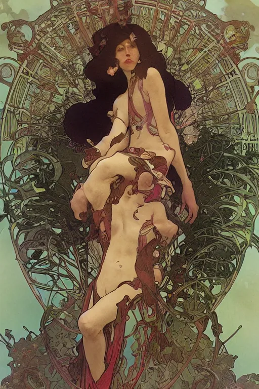 Prompt: summer swimming party, dark fantasy, body horror, composition by alphonse mucha, octane render