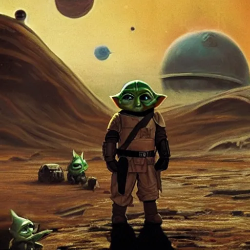 Prompt: mandalorian and baby yoda grogu with atomic bomb explosion behind in the background on mars planet, vintage color found photo