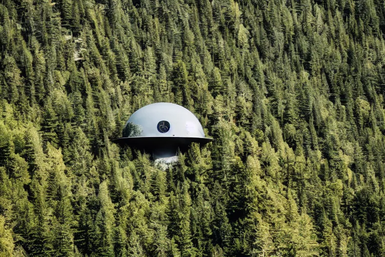 Image similar to sci fi nuclear containment buildings in a steep sided valley with trees, ufo flying around, a sense of hope and optimism, birds overhead, stark light, day time, unsplash, national geographic, hd, high res