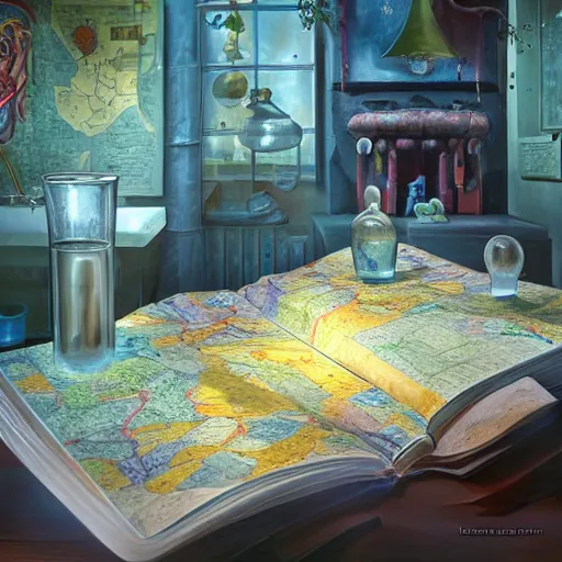 Image similar to hyper real, table, map, wizards laboratory, lisa parker, tony sart, mortar, pestle, scales, energy flowing, magic book, beakers of colored liquid