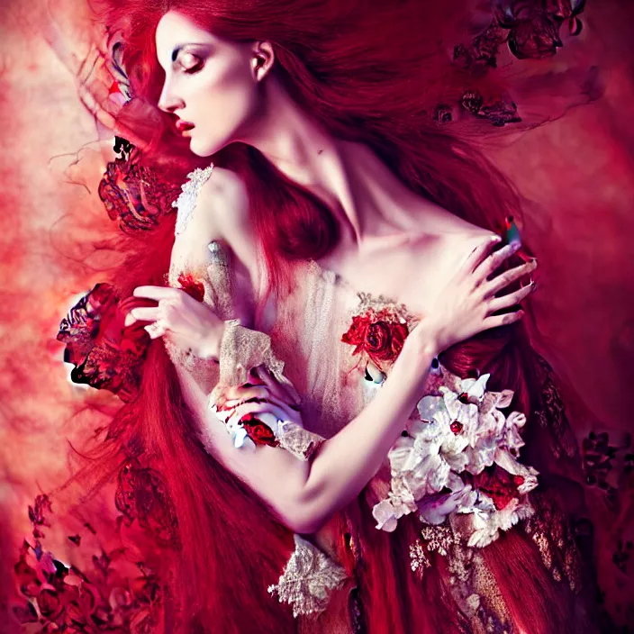 Prompt: photo portrait of a beautiful woman like a dark fallen angel, dressed in long elegant intricate ornamental white dress,intricate fractal ornament in the upper body, intricate baroque ornament in her red long hair, fine art photography by Giovanni Gastel, volumetric lighting, pastel colors scheme , hyper realistic photography in style of Vogue Fashion magazine