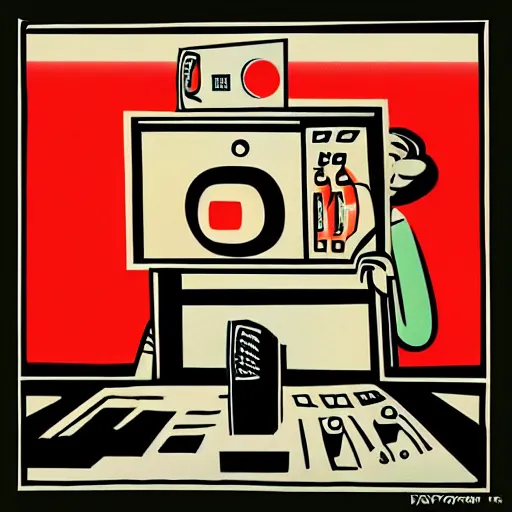 Image similar to “A room with video equipment. Man sitting in front of computer. Eplosion on the computer screen. Dynamic expressionist style. Soviet propaganda poster in the style of Dmitry Moor”