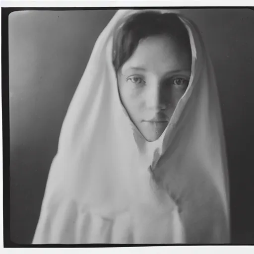 Prompt: filmstill photography of female face covered with white translucent blanket, old victorian room