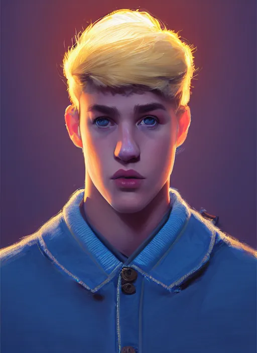 Image similar to portrait of high school senior boy named big moose, blonde short hair, jock, beefy, wide face, square jaw, square facial structure, blue varsity jacket with letter r, intricate, elegant, glowing lights, highly detailed, digital painting, artstation, concept art, sharp focus, illustration, art by wlop, mars ravelo and greg rutkowski