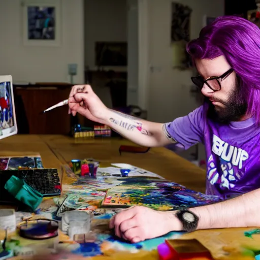 Image similar to violet - haired slim shaved emo male game designer who plays blood bowl and paints miniatures, sitting at his untidy working table