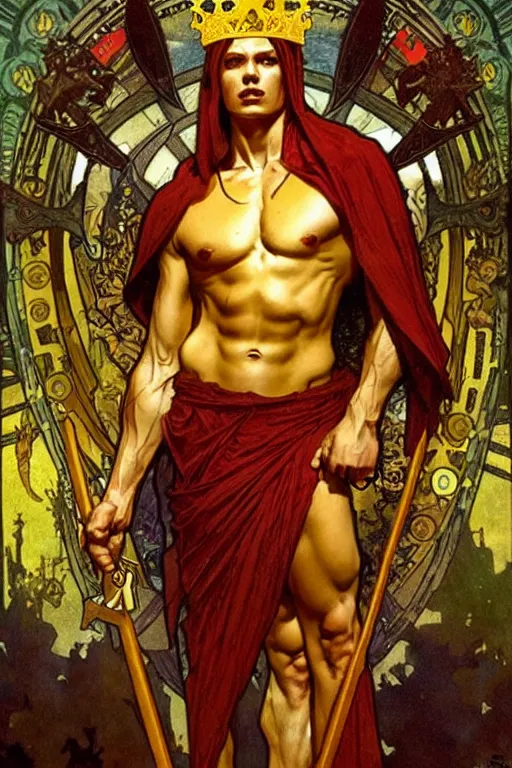 Image similar to a god wearing dark clothes and golden crown, muscular, tarot art, painting by greg rutkowski and alphonse mucha