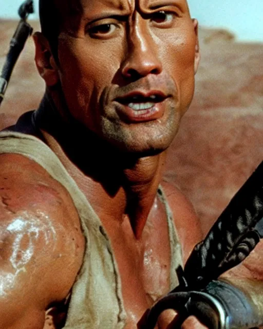 Image similar to film still close up shot of dwayne johnson in the movie mad max 2 the road warrior. photographic, photography