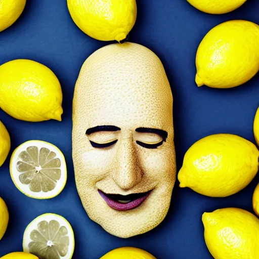 Prompt: lemon with a face, jeffrey bezos eyes nose and mouth on the side of a lemon, abstract photo