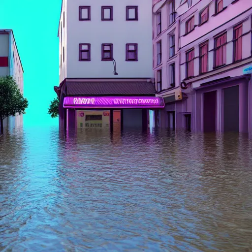 Prompt: 80s vaporwave outrun 3d Render of a german town being flooded, retro, grainy, noisy