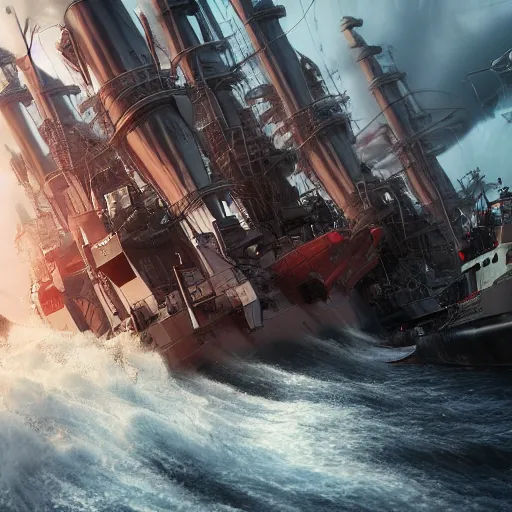 Image similar to huge tentacles are grabbing modern battle ship in heavy waves, hypermaximalistic, high details, cinematic, 8k resolution, beautiful detailed, insanely intricate details, artstation trending, octane render, unreal engine