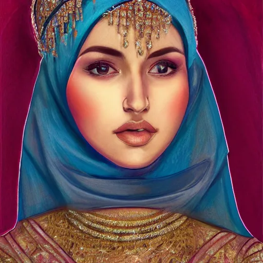 Prompt: illustrated headshot portrait of a hijabi queen with beautiful crown, beautiful, symmetrical, soft lighting, detailed, cinematic, stunning, mucha, portrait photo, and art germ, clear detail