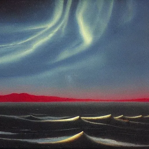 Image similar to the epic abstract painting'blue arctic void with black and red aurora borealis above a pod of humpback whales ', by caspar david friedrich!!!, by rothko!!!, stunning masterpiece, trending on artstation