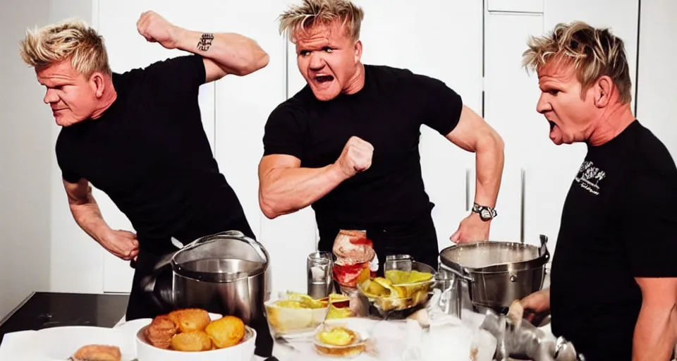 Image similar to photo of angry furious Gordon Ramsay punching Gordon Ramsay at the kitchen