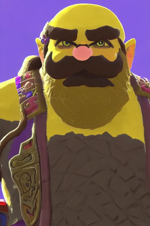 Prompt: a portrait of wario from the legend of zelda breath of the wild, breath of the wild art style.