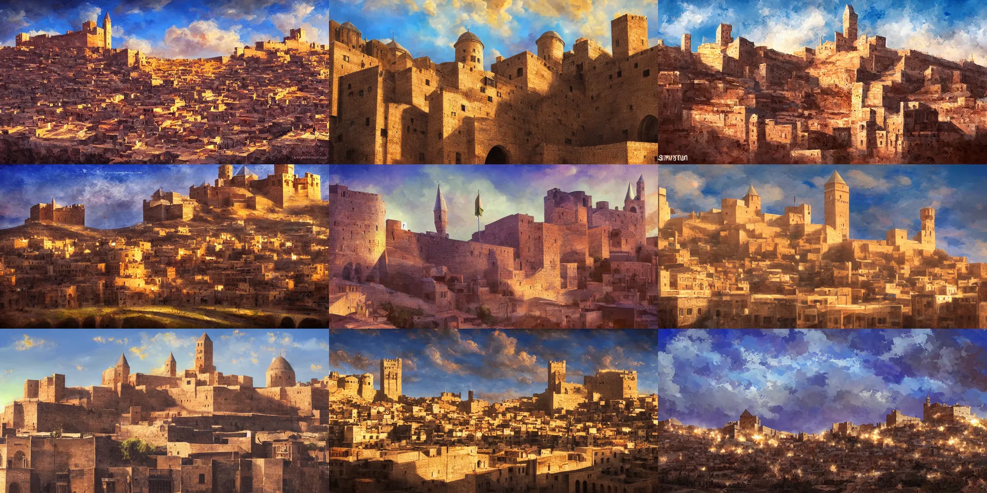 Prompt: mardin old town castle, digital oil painting, colorful, high contrast, clear sky, volumetric lighting, deviantart, cgsociety, artstation, fujifilm