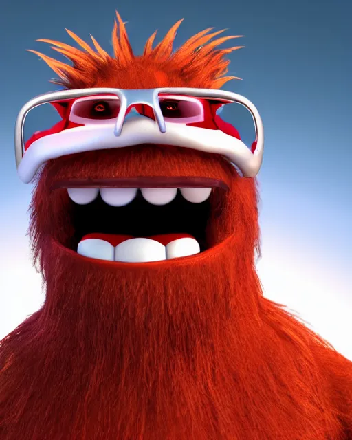 Image similar to 3 d render of completely red hairy friendly monster smiling wearing chrome shades, simple, cute, cartoony, white background, unreal engine 5 hdr