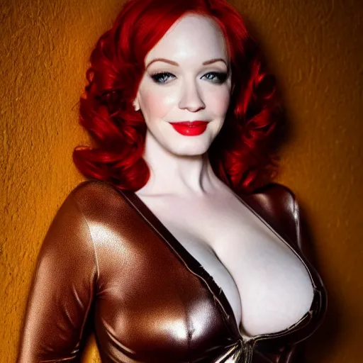 Image similar to pinup art of a gorgeous christina hendricks, realistic, professionally, professionally color graded, full body shot, leather body suit, sharp focus, 8 k high definition, insanely detailed, intricate, elegant