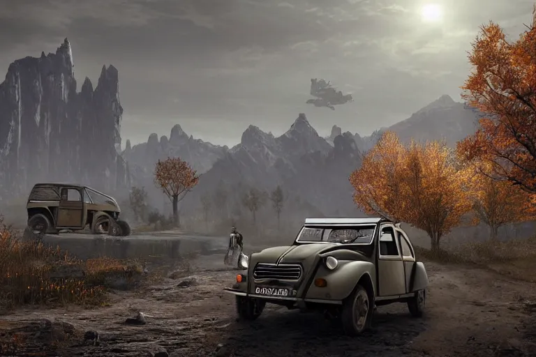 Image similar to offroad citroen 2 cv ( 1 9 6 5 ) of daedric design driving across the rift, daedric axe stored on the side of the car, leather and cloth traveller backpacks on roof, riften city in the background, epic fantasy, autumn, the elder scrolls v : skyrim, dramatic lighting, establishing shot, by simon stalenhag