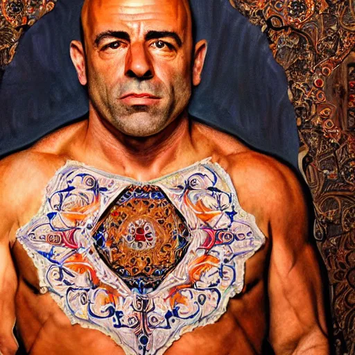 Image similar to joe rogan wearing a dress, oil painting, full body image, hyper realistic, close up, symmetrical, 4 k, highly ornate intricate details,