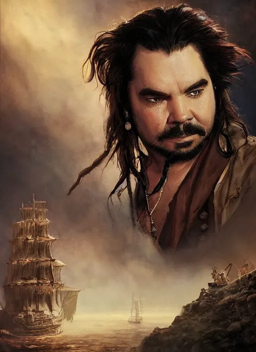 Prompt: a beautiful painting portrait movie poster of Matt Berry in Pirates of the Carribean 6, matte painting, fantasy art, dark but detailed digital art, highly detailed, a masterpiece trending on artstation. Robert Sheehan as a young but messy pirate and layabout in this HD preview poster