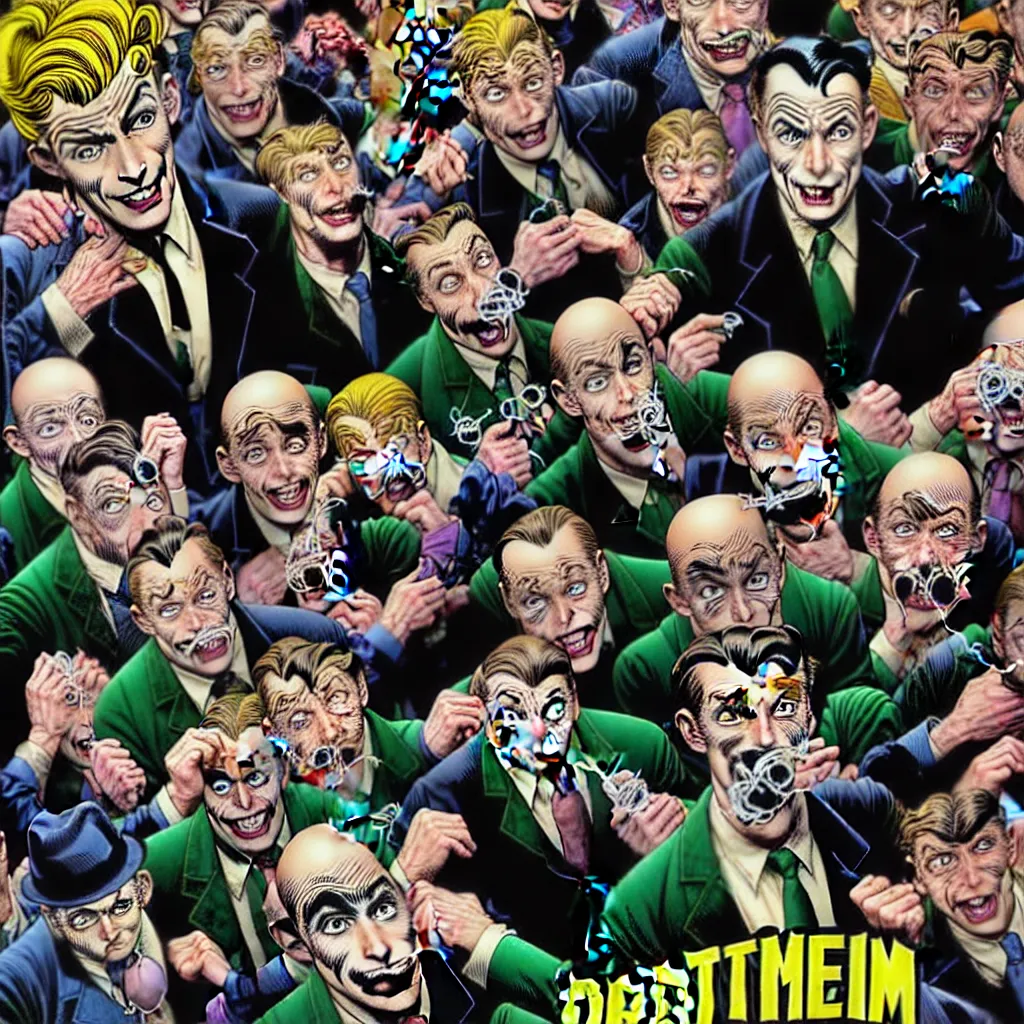 Image similar to drawing of gotham city's finest investigative reporter jack ryder with 1 4 tiny jokers reaching out of his mouth, 4 k art by brian bolland, graphic novel cover art