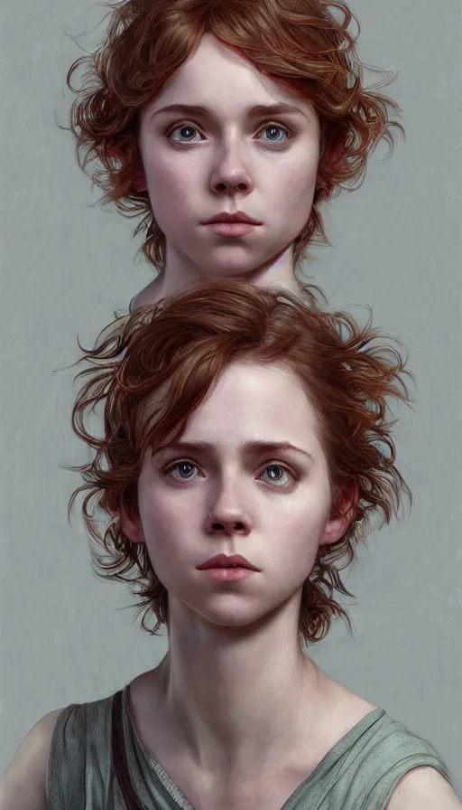 Image similar to Sophia Lillis, long hair, sweaty, insane, intricate, highly detailed, digital painting, artstation, concept art, smooth, sharp focus, illustration, Unreal Engine 5, 8K, art by artgerm and greg rutkowski and alphonse mucha