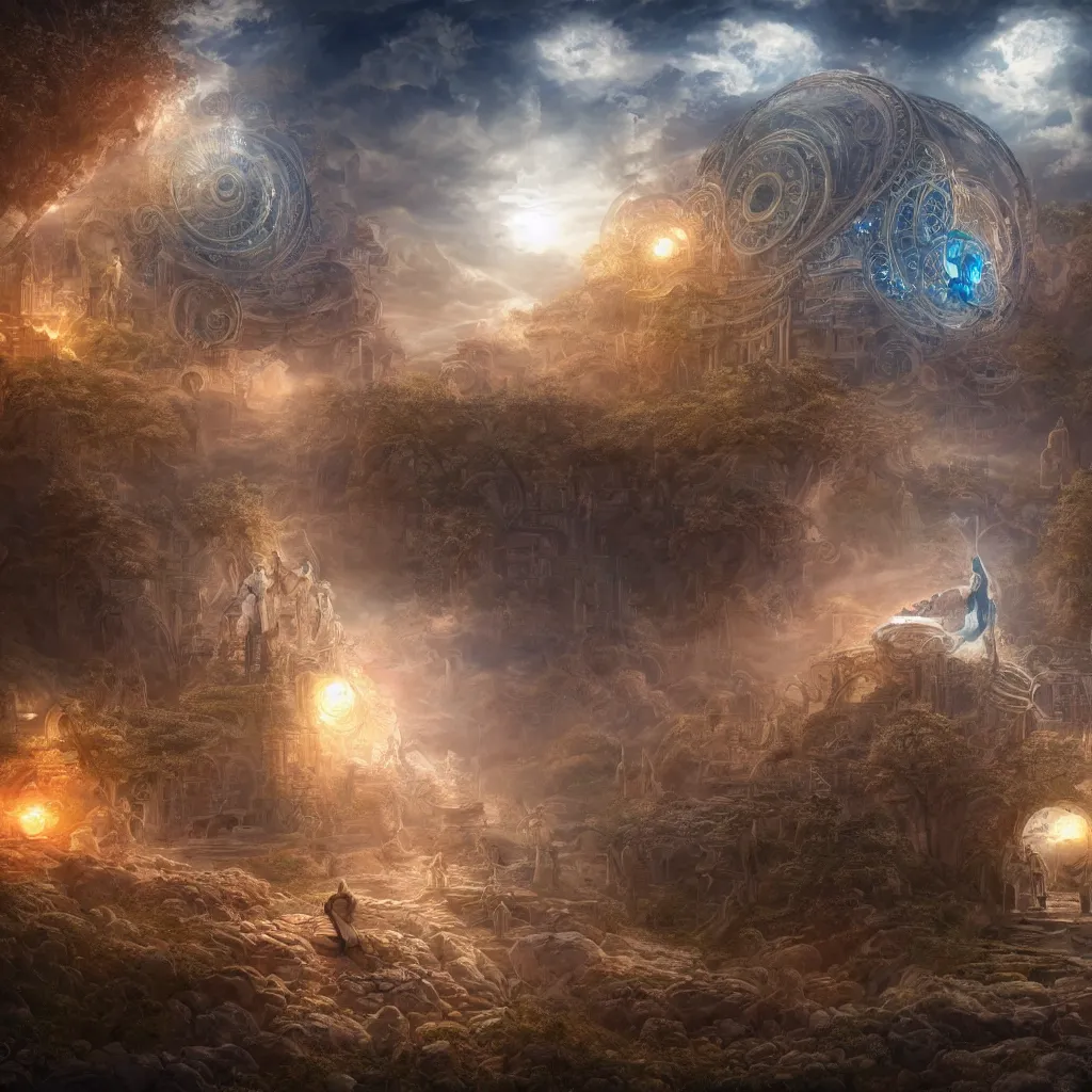 Image similar to solarpunk God and his time machine, fantasy, intricate, elegant, highly detailed, digital painting, concept art, smooth, sharp focus, illustration, divine realm of gods, realistic cinematic style, filmed in 70mm, volumetric lighting, octane render, photographic, concept art, artist Leonardo DaVinci, unreal engine, 8k