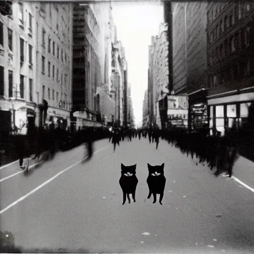 Image similar to wide-shot low-angle cat's eyesight photo of empty!!! animated walking ghostly people (((heads))) at the street in New York, polaroid photo, by Andy Warhol, signed