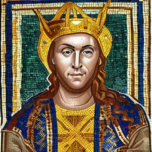 Prompt: portrait of benjamin netanyahu, wearing medieval clothes and a golden crown, as a byzantine mosaic