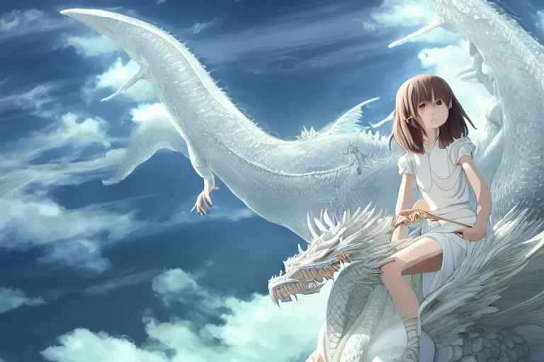 Image similar to a hyper detailed big render that a beautiful girl sitting on the back of a huge silver white dragon alone in fairyland surrounded by white clouds, finely detailed angelic face, style of studio ghibli, makoto shinkai, xision, ilya kuvshinov and artgerm, kazuki tanahashi, james jean, animation style, golden curve composition