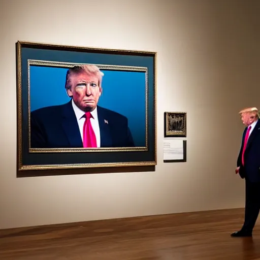 Prompt: trump watching a huge trump portrait in a museum, studio lighting, photography, highly detailed, 4 k