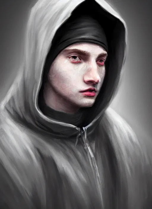Prompt: young man, black round hood and cloak, rings under eyes, round face, confused, whimsical, portrait in the style of justin sweet, macro lens, shallow depth of field, highly detailed, digital painting, trending artstation, concept art, illustration, cinematic lighting, vibrant colors, photorealism, epic, octane render, magic the gathering artwork, centered