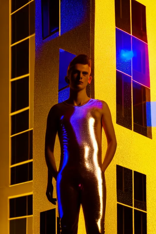 Image similar to un ultra high definition studio quality photographic art portrait of a young man standing on the rooftop of a british apartment building wearing soft inflatable padded iridescent refractive clothing. three point light. extremely detailed. golden ratio, ray tracing, volumetric light, shallow depth of field. set dressed.