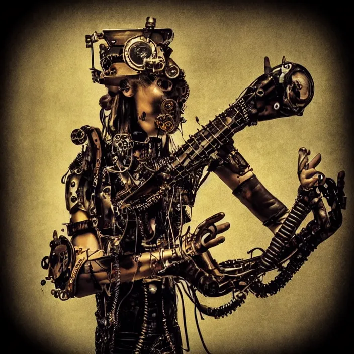 Prompt: “Steampunk Cyborg Rock Singer with eight hands, holding guitar, keyboard, drums. Highly detailed, smooth, cinematic lighting. Fisheye lens. Old torn photograph. ”