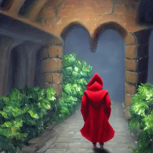 Prompt: a red hooded rogue leads you towards a secret passage in a castle, oil painting, dnd, daytime