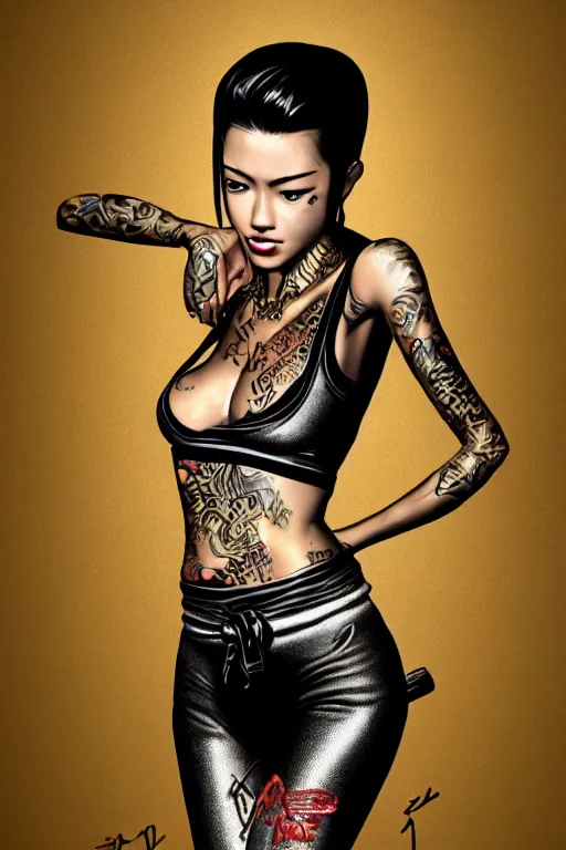 Image similar to yakuza slim girl, gold suit jacket in snake print, jacket over bare torso, yakuza tattoo Irezumi on body, black short curtain haircut, black leather pants with black belt, portrait, beautiful face, elegant, 2d, ultra highly detailed, digital painting, smooth, sharp focus, artstation, art by Ilya Kuvshinov, rossdraws