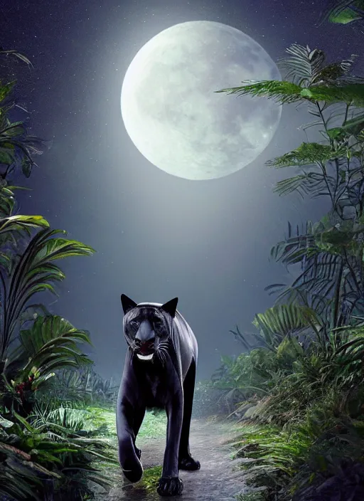 Prompt: a beautiful matte painting of a black jaguar walking in the jungle at night, with full moon in the sky, ayahuasca