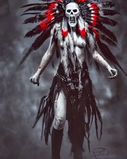 Image similar to the ghost - spirit of the grim - warpaint wears the scarlet skull armor and native blood headdress feathers, midnight fog - mist!, dark oil painting colors, realism, cinematic lighting, various refining methods, micro macro autofocus, ultra definition, award winning photo