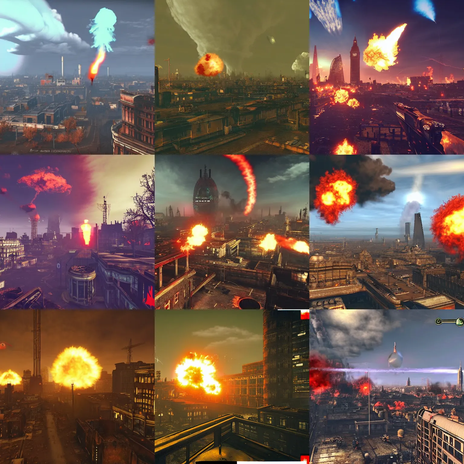 Prompt: london during nuclear armageddon, fireball, mushroom cloud, screenshot from fallout 4