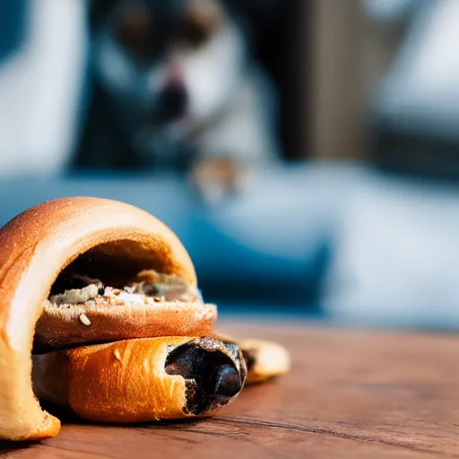 Prompt: closeup photo of cute pariah - dog eating bagles from mesh bag, shallow depth of field, cinematic, 8 0 mm, f 1. 8