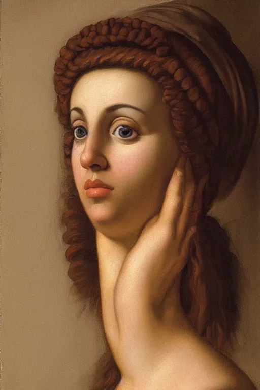 Image similar to beautiful woman, scared face, closeup, dressed in roman clothes, ultra detailed, art by Guido Reni style