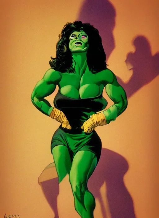 Prompt: a color portrait of the she hulk wearing fashion clothing by richard avedon dramatic lighting.