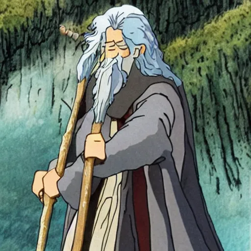 Image similar to gandalf from the anime lord of the rings (1986), holding a wooden staff, studio ghibli, very detailed, realistic