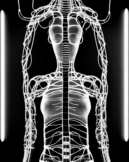 Image similar to black and white cyborg - plant goddess high quality photo, microchip, artificial intelligence, bio - mechanical bio - luminescence, black wired cables, neurons, nerve cells, cinematic, rim light, photo - realistic, high detail, 8 k, masterpiece, high fashion, in the style of steven meisel dora maar h. g. giger