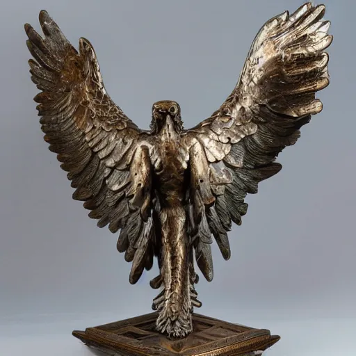 Prompt: Eagle statue, in the style of Stanisław Szukalski, iron cracked, exquisite details