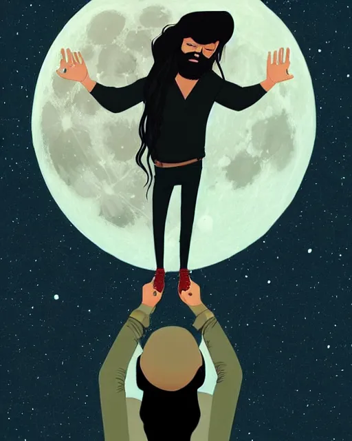 Prompt: portrait of a man with long black hair and beard holding his imaginary bird friend in his hands, full moon in the background, fine portrait, beautiful, concept art, by tomer hanuka